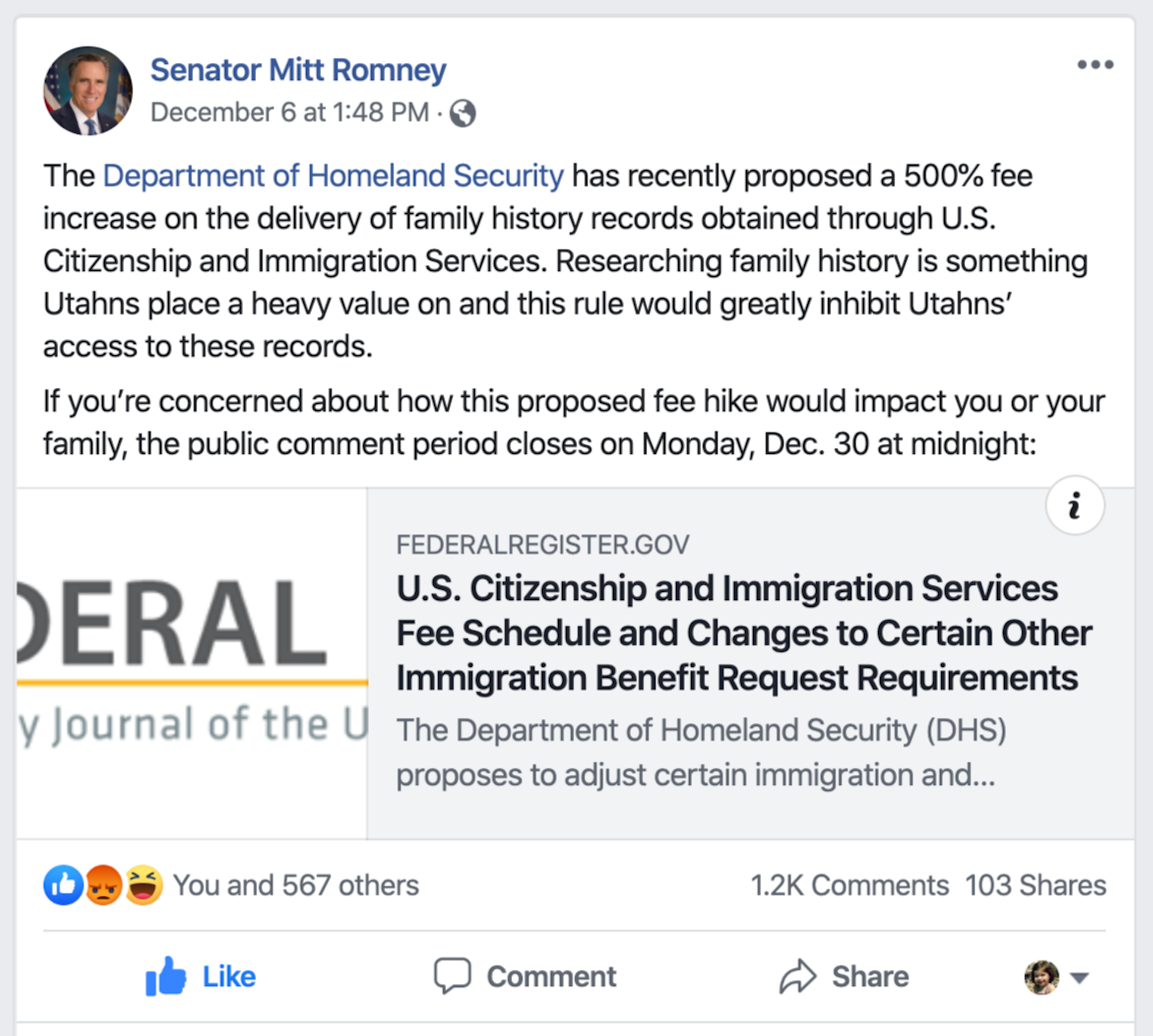 Senator Mitt Romney's official Facebook page